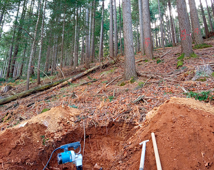 Tools used to carry out the test pit and general view of the Douglas plot