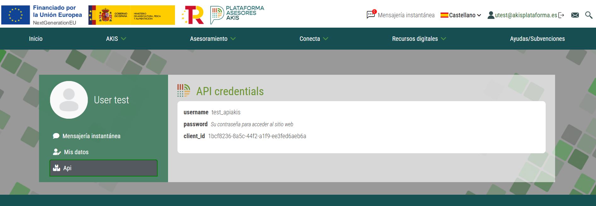 imagen de sección Api en cuenta de usuario